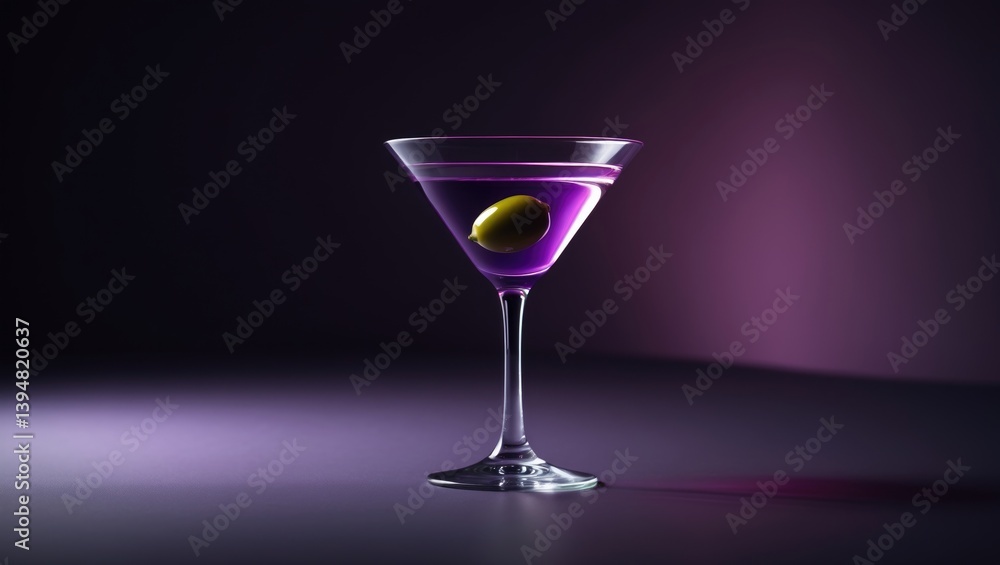 Table featuring a martini glass under purple lighting