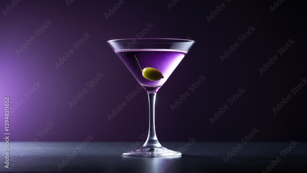 Martini glass resting on table with purple illumination Martini glass resting on table with purple illumination