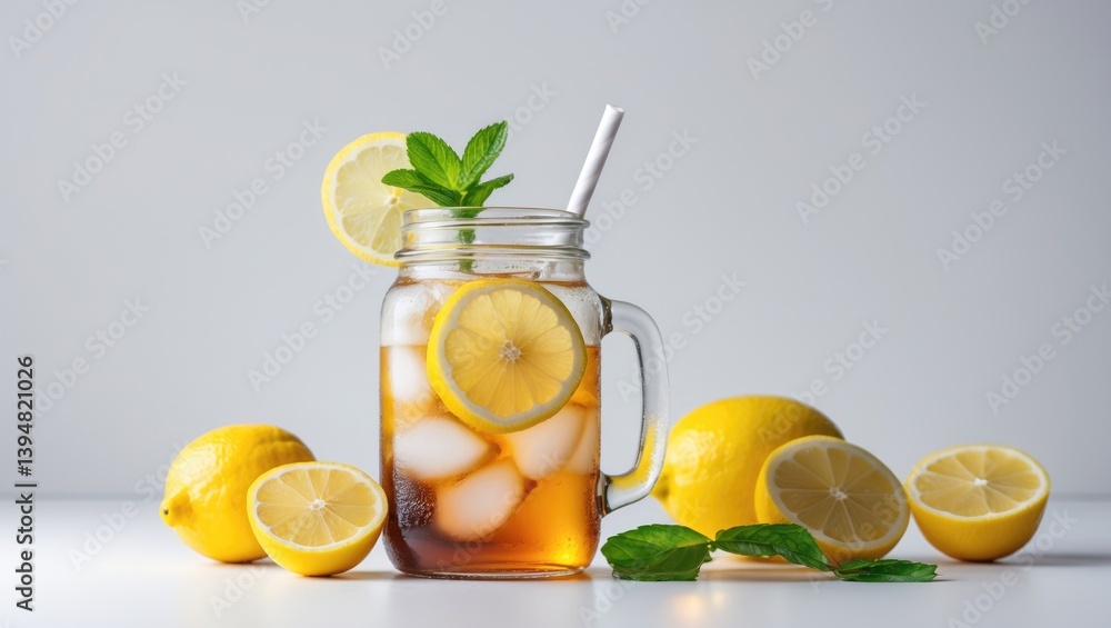 Iced tea in a mason jar with lemons and straw against a white backdrop