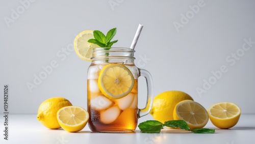 Obraz na płótnie Iced tea in a mason jar with lemons and straw against a white backdrop w salonie
