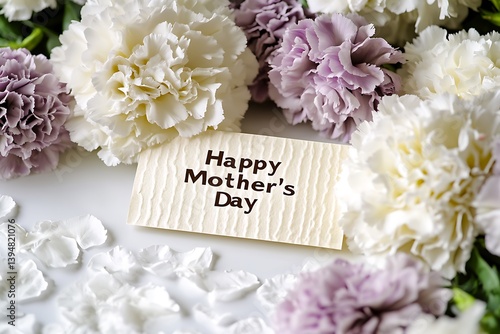 An elegant floral scene with "Happy Mother's Day" on a textured paper tag, surrounded by white and lilac carnations on a glossy white table.