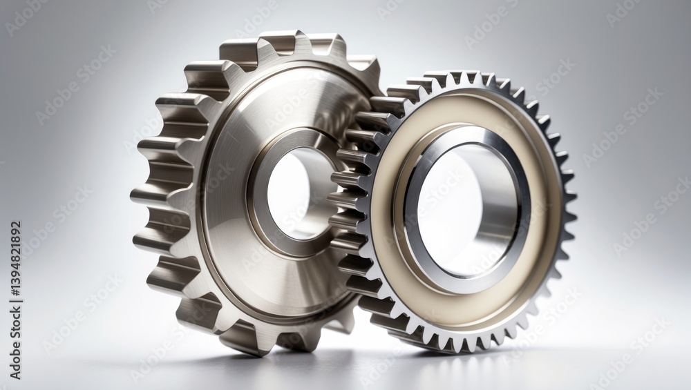 Oblique-toothed gears in mesh, mechanism gears against a white backdrop, close-up selective focus Oblique-toothed gears in mesh, mechanism gears against a white backdrop, close-up selective focus