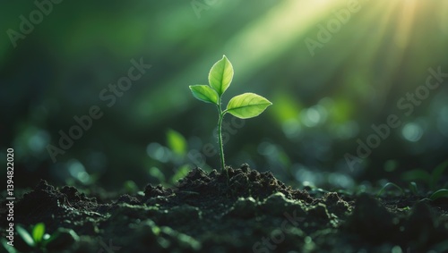 A miniature green tree growing in a lush green background, bokeh concept, love our planet and lessen global warming.