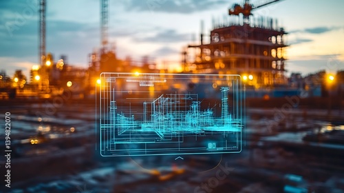 Construction site at dusk showcasing blueprints overlay with neon effect, cranes in background, vibrant lights reflecting on water puddles
