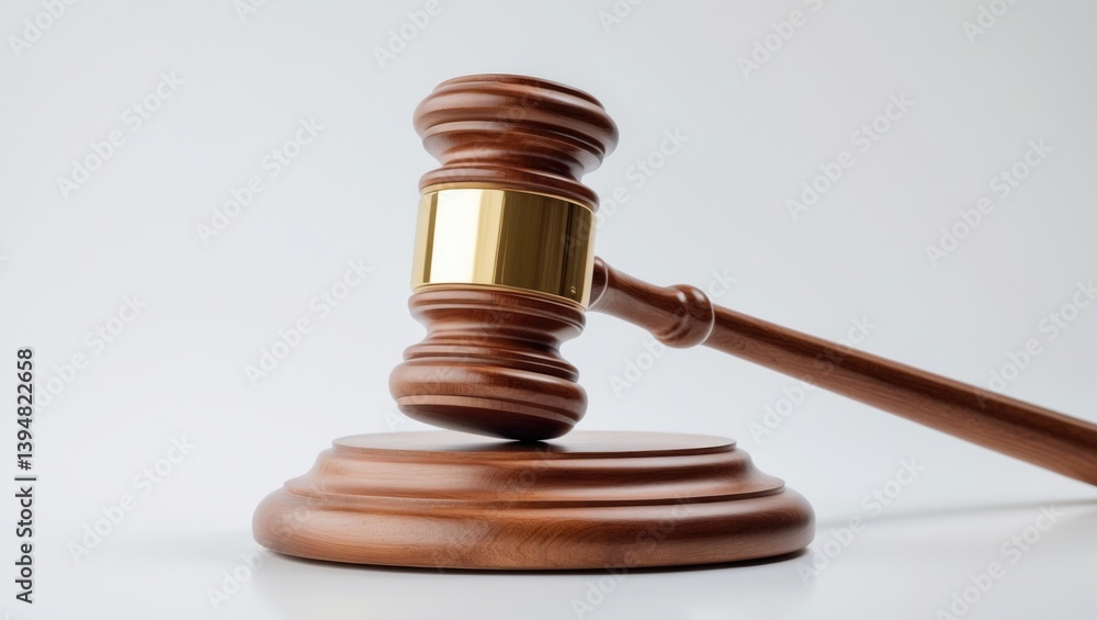 Judge's hammer for legal decisions on a solid background. Wooden auction hammer featuring a stand. Justice and law concept. Judge's hammer for legal decisions on a solid background. Wooden auction hammer featuring a stand. Justice and law concept.