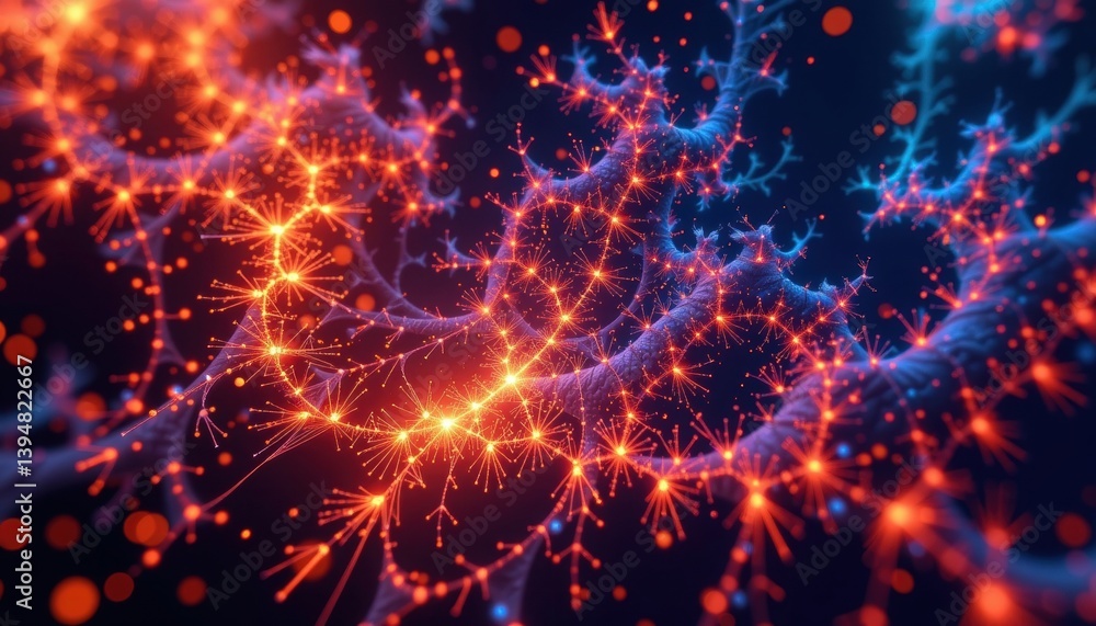 Abstract representation of neurons with glowing connections and sparks Abstract representation of neurons with glowing connections and sparks