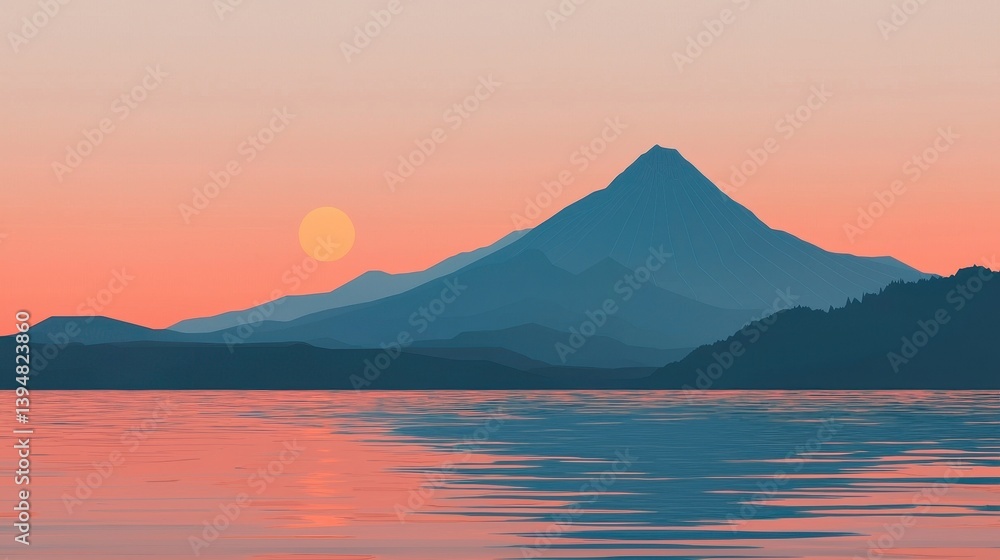 Serene Sunset Over Majestic Mountain Reflecting on Calm Water Serene Sunset Over Majestic Mountain Reflecting on Calm Water