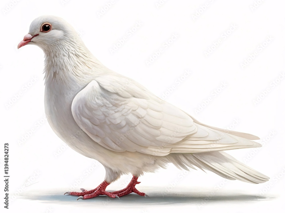 Naklejka premium White Pigeon with Pink Feet and Beak Perched Elegantly on a Plain White Background