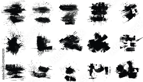 Ink splatter set, paint brush stroke kit, vector black grunge stain, graffiti texture liquid splash. Abstract dirty blob, messy shape drawing collection isolated on white.