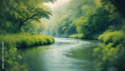A serene winding river gently flows through a dense green forest with a blurred background, surrounded by tranquil waters and lush foliage, forming a picturesque scene.