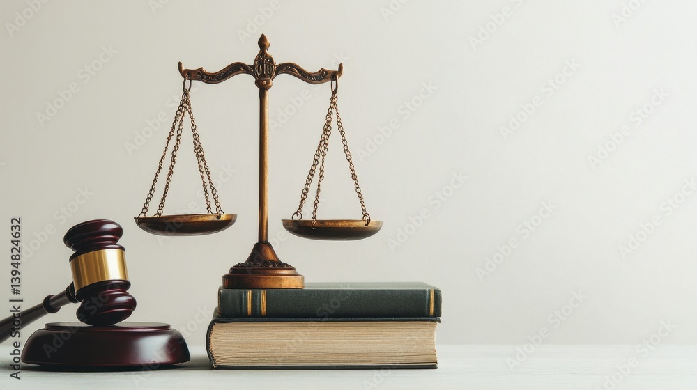 Justice Scale and Gavel on Books in a Minimalist Setting Justice Scale and Gavel on Books in a Minimalist Setting