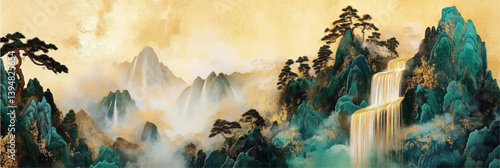 vector chinese mountains landscape in style of embroidery craft illustration