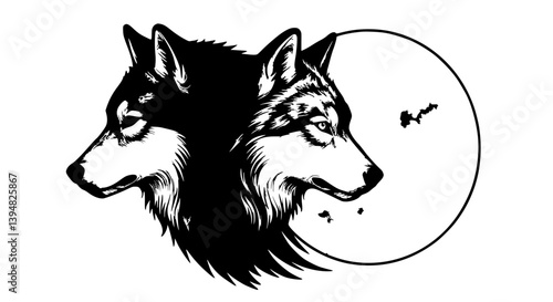 Facing Wolves at Full Moon Vintage Illustration