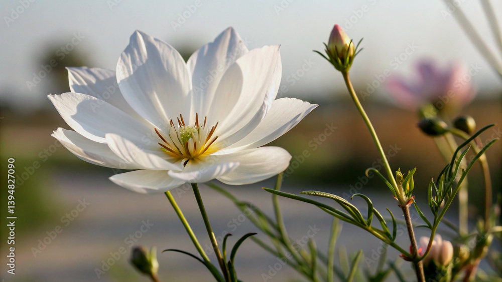Close-up of a beautiful white daisy with buds Close-up of a beautiful white daisy with buds
