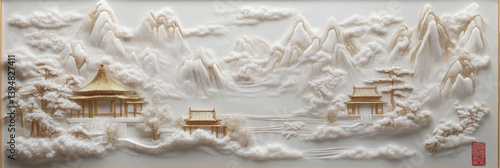 white vector chinese mountains landscape with pavilions in style of embroidery craft illustration