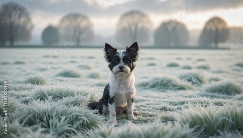 Icy morning walk alongside the dog