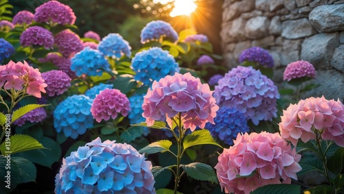 In the garden, hydrangeas featuring pink, blue, lilac, violet, and purple flowers blossom at sunset in spring and summer.