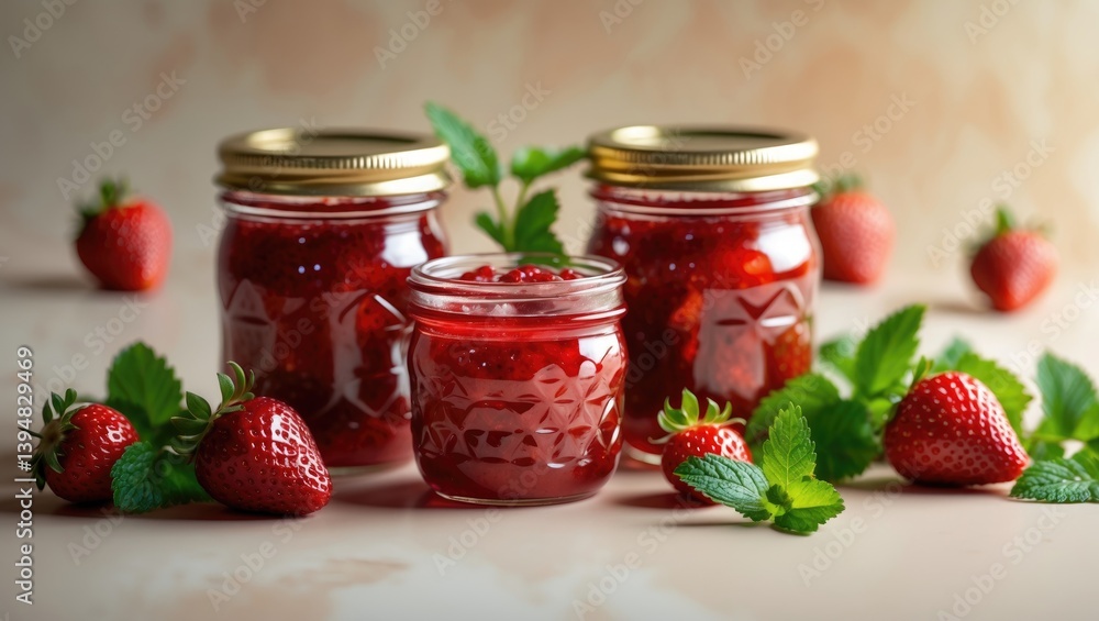 Summer strawberry jam preserved in jars with mint leaves and fresh strawberries Summer strawberry jam preserved in jars with mint leaves and fresh strawberries