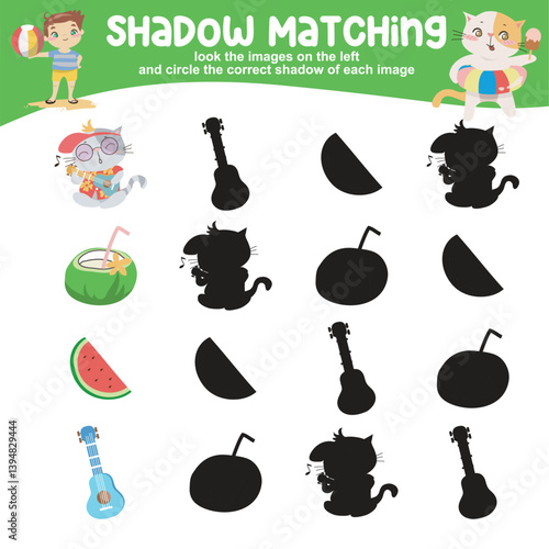 Look the image on the left and circle the correct shadow of each image. Find the correct shadow. Printable activity page for kids. 