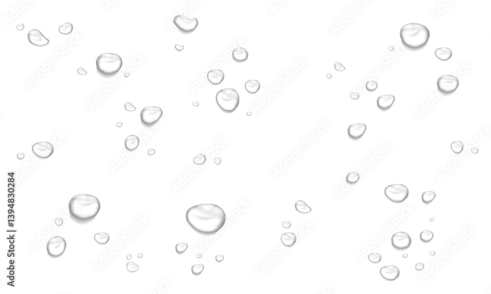 Realistic water drops. PNG drops, condensation on the window, transparent water drop. Abstract water drops, bubbles on transparent background, digital liquid design, Stock royalty free.