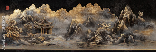 black vector chinese mountains landscape with pavilions in style of embroidery craft illustration