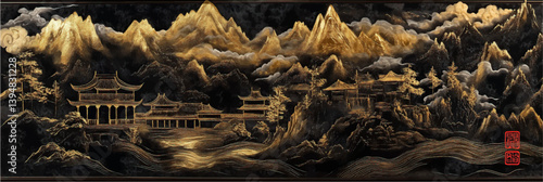 black vector chinese mountains landscape with pavilions in style of embroidery craft illustration