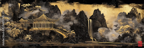 black vector chinese mountains landscape with pavilions in style of embroidery craft illustration