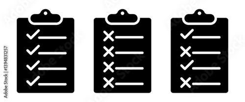 Task status checklist icons. Black clipboard symbols with checkmarks and X marks representing completed, failed, and mixed items for apps, websites, presentations, or productivity tools