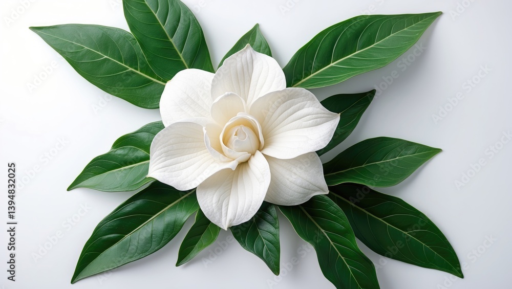Fototapeta premium Isolated white background featuring Gardenia jasminoides fragrant flowers and leaves