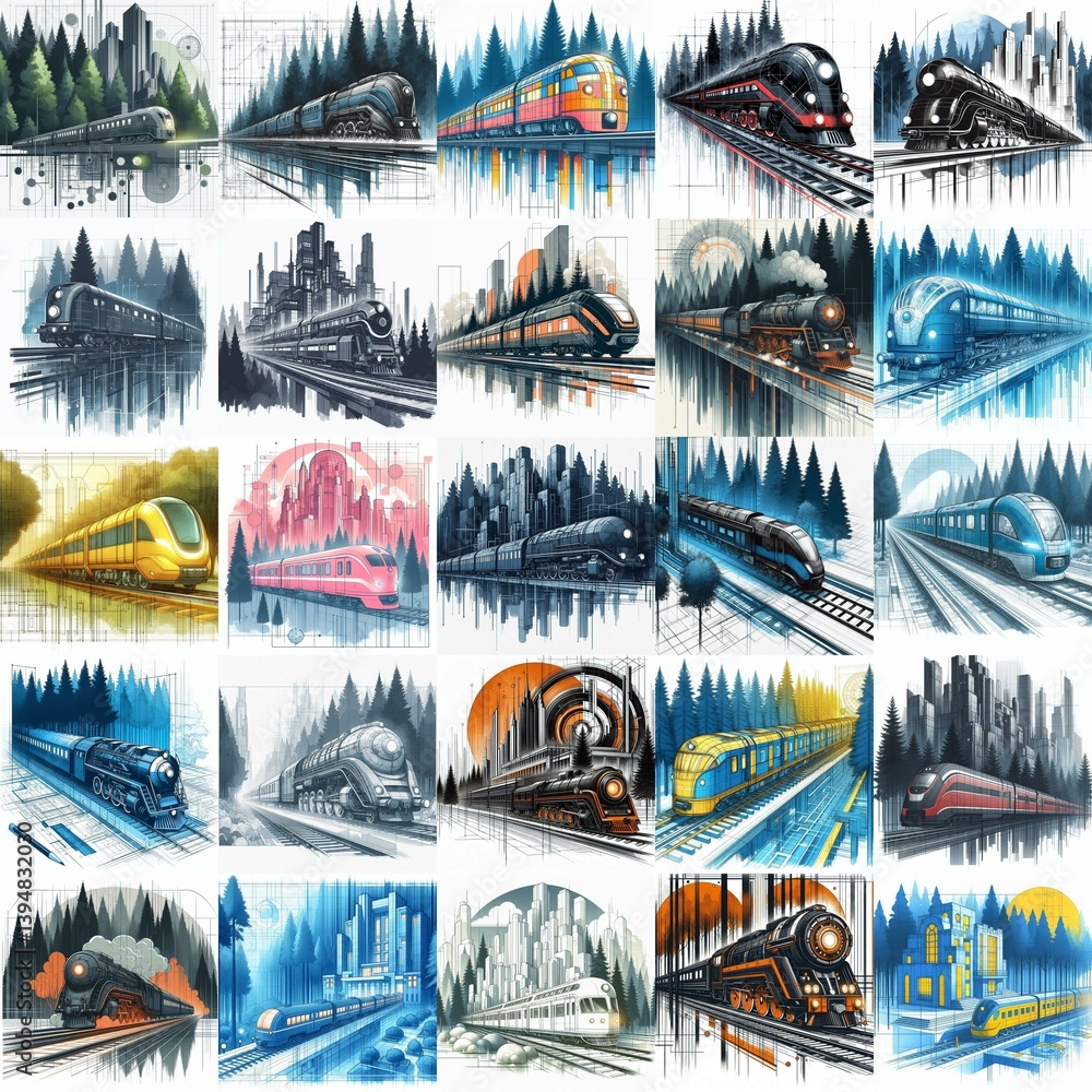 Futuristic train concept. Moving along forest. Watercolor impressionist art styleAI generated illustration