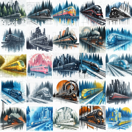 Obraz na płótnie Futuristic train concept. Moving along forest. Watercolor impressionist art styleAI generated illustration w salonie