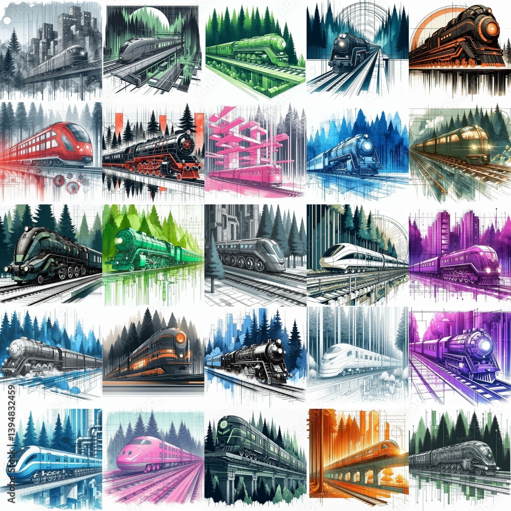 Futuristic train concept. Moving along forest. Watercolor impressionist art styleAI generated illustration