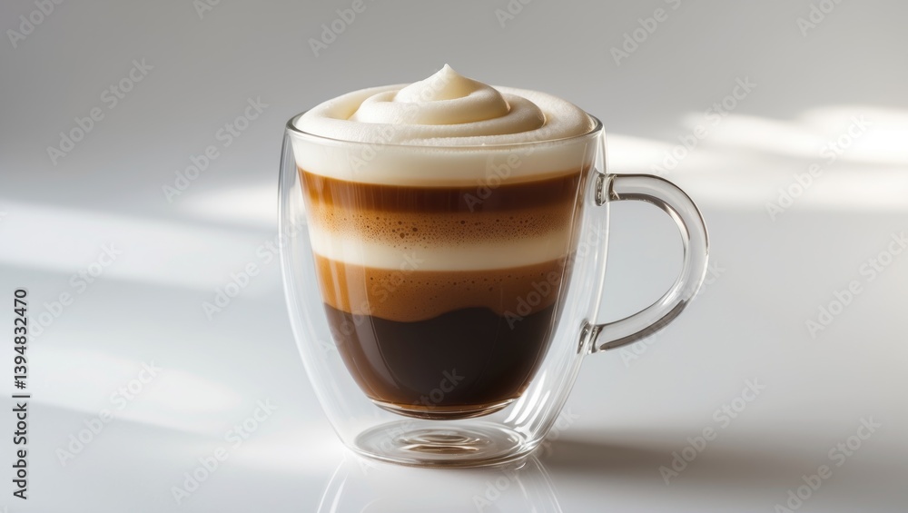 A double-walled glass containing hot coffee with milk, placed on a white surface. A double-walled glass containing hot coffee with milk, placed on a white surface.