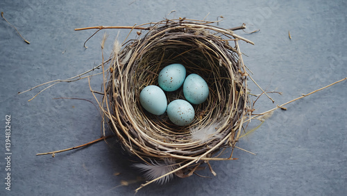 Four blue eggs in a nest