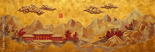 red vector chinese mountains landscape with pavilions in style of embroidery craft illustration