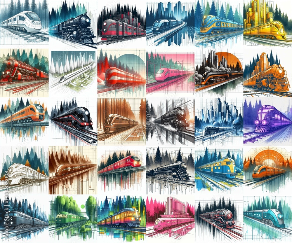 Futuristic train concept. Moving along forest. Watercolor impressionist art styleAI generated illustration