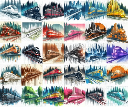 Obraz na płótnie Futuristic train concept. Moving along forest. Watercolor impressionist art styleAI generated illustration w salonie