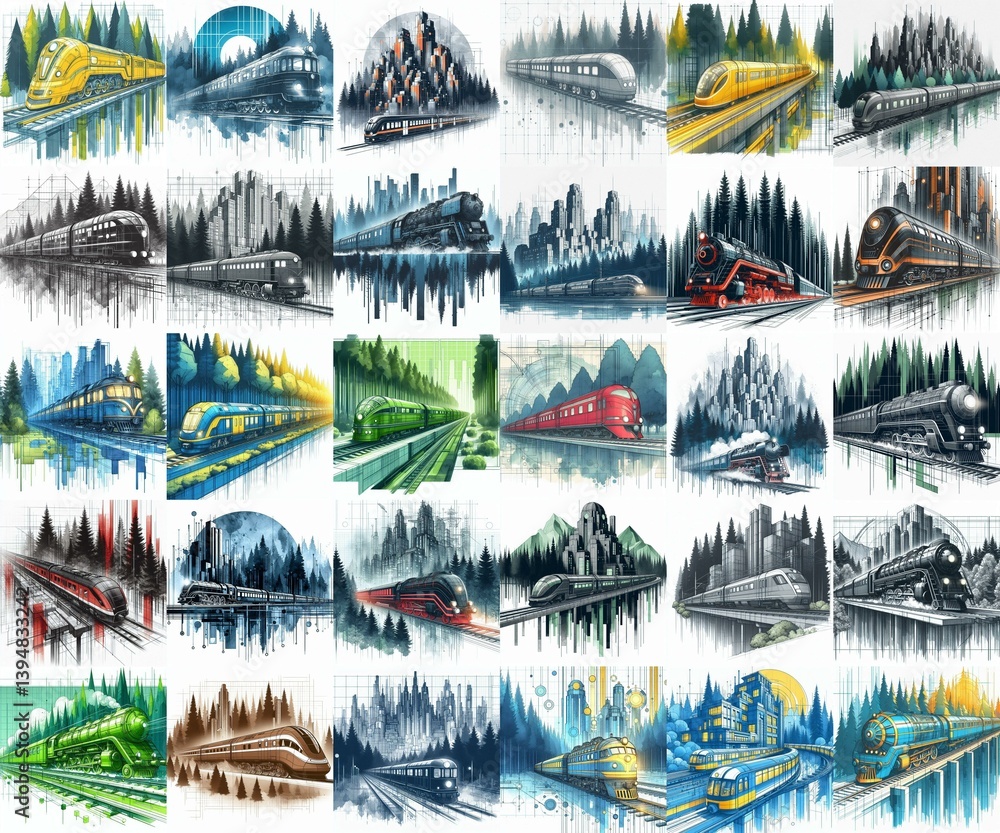 Futuristic train concept. Moving along forest. Watercolor impressionist art styleAI generated illustration
