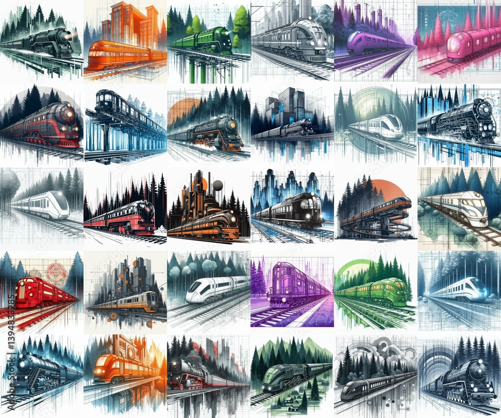 Futuristic train concept. Moving along forest. Watercolor impressionist art styleAI generated illustration