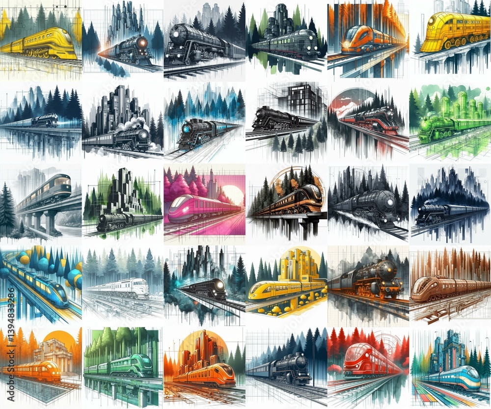 Futuristic train concept. Moving along forest. Watercolor impressionist art styleAI generated illustration