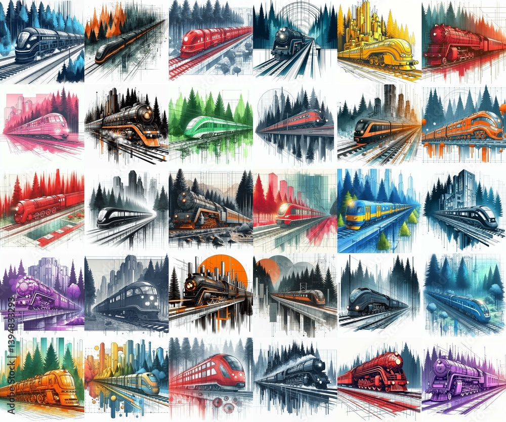 Futuristic train concept. Moving along forest. Watercolor impressionist art styleAI generated illustration
