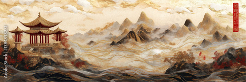 red vector chinese mountains landscape with pavilions in style of embroidery craft illustration
