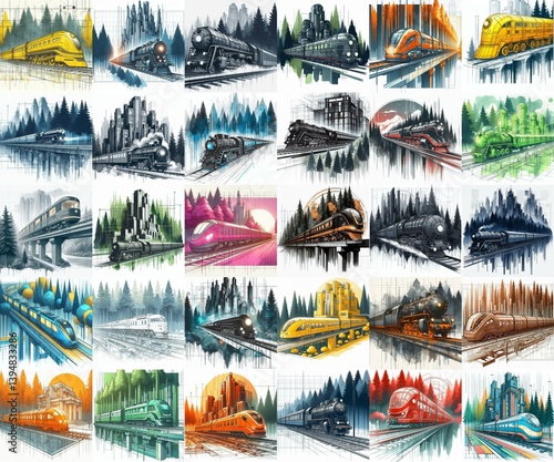 Obraz na płótnie Futuristic train concept. Moving along forest. Watercolor impressionist art styleAI generated illustration w salonie