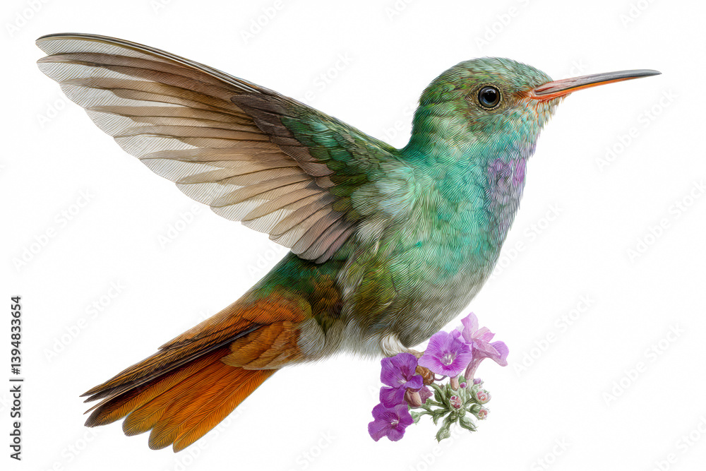 Fototapeta premium Vibrant Botanical Art of Rufous-Tailed Hummingbird