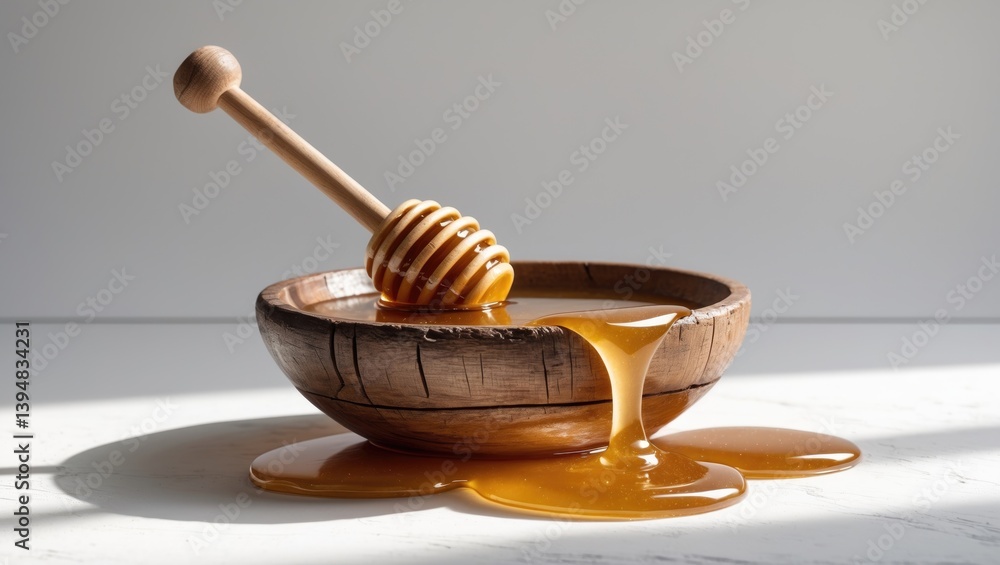 Honey in a wooden bowl accompanied by a wooden honey dipper against a white backdrop Honey in a wooden bowl accompanied by a wooden honey dipper against a white backdrop