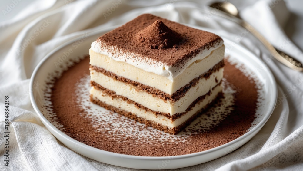 Coffee tiramisu made at home, generously coated in cocoa powder, displayed on a white plate on an elegant fabric Coffee tiramisu made at home, generously coated in cocoa powder, displayed on a white plate on an elegant fabric