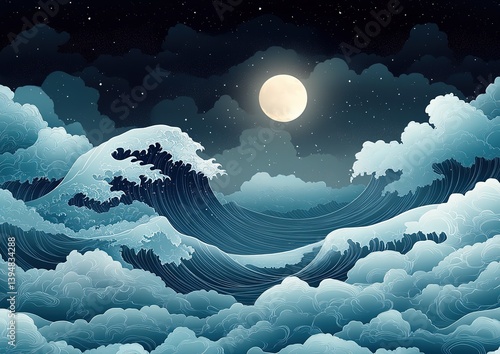 Stylized Sea Waves Underneath a Starry Night Sky and Full Moon