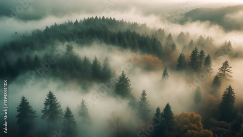 Fototapeta Naklejka Na Ścianę i Meble -  Atmospheric forest view shrouded in mist.