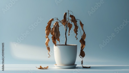 Abandoned house plant with withered leaves hanging in white flower pot on background