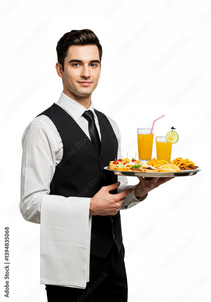 Waitress man holding a serving tray isolated on white Waitress man holding a serving tray isolated on white